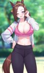  1girl acaa adjusting_hair alternate_breast_size animal_ears arm_up breasts brown_hair cleavage commentary eyebrows_hidden_by_hair highres horse_ears horse_girl horse_tail large_breasts long_hair looking_at_viewer one_eye_closed open_mouth outdoors pants pink_sports_bra purple_eyes sakura_bakushin_o_(umamusume) smile solo sports_bra sportswear stained_clothes sweat sweaty_clothes tail umamusume yoga_pants 