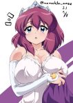  1girl :o babydoll blue_eyes breasts cleavage crown dated detached_sleeves henrietta_de_tristain large_breasts looking_at_viewer nafta purple_hair signature simple_background solo white_babydoll white_background zero_no_tsukaima 