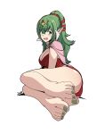  1girl artist_name ass barefoot blush breasts byzuko cape cleavage commentary crossed_bangs embarrassed english_commentary eyelashes fang feet fire_emblem fire_emblem_awakening foot_focus full_body green_eyes green_hair green_nails hair_between_eyes hair_ribbon headpiece highres large_breasts legs legs_together long_hair looking_at_viewer nail_polish open_mouth panties pink_cape plantar_flexion pointy_ears ponytail red_panties red_ribbon ribbon sidelocks simple_background sitting soles solo thighs tiki_(adult)_(fire_emblem) tiki_(fire_emblem) toenail_polish toenails toes underwear white_background 