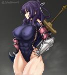  1girl abs ao_no_kiseki bob_cut bow-shaped_hair breasts covered_nipples eiyuu_densetsu from_side gauntlets hajimari_no_kiseki hands_on_own_hips huge_breasts huge_weapon kuro_no_kiseki kuro_no_kiseki_ii muscular muscular_female purple_eyes purple_hair rixia_mao sidelocks solo stormowl0 sword sword_on_back twitter_username weapon weapon_on_back zero_no_kiseki 