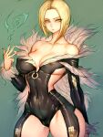  1girl benedikta_harman blonde_hair covered_nipples final_fantasy final_fantasy_xvi fumio_(rsqkr) fur_collar fur_trim garter_straps green_background highres holding looking_at_viewer magic nipples revealing_clothes short_hair simple_background solo wide_hips yellow_eyes 