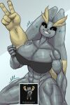  4_arms abs absurd_res anthro biceps big_breasts breasts clothed clothing colored convenient_censorship curvy_figure digital_media_(artwork) drydude female fur fusion generation_1_pokemon generation_4_pokemon grey_body grey_fur hi_res huge_breasts hybrid lagomorph leporid looking_at_viewer lopunny machamp mammal multi_arm multi_limb muscular muscular_anthro muscular_female nintendo pecs pokemon pokemon_(species) pokemon_fusion rabbit shaded simple_background smile thick_thighs wide_hips 