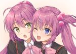  2girls :d :o absurdres ahoge black_jacket blue_eyes blush bow close-up commentary_request eyelashes eyes_visible_through_hair futaki_kanata grey_background hair_between_eyes hair_bobbles hair_ornament half_updo head_tilt heads_together highres hug jacket little_busters! long_hair looking_at_viewer multiple_girls one_eye_closed one_side_up open_mouth pink_bow purple_hair rgrey00 saigusa_haruka school_uniform siblings side_ponytail simple_background sisters smile twins yellow_eyes 