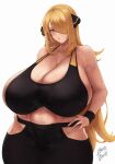  1girl :o absurdres armpit_peek artist_name bare_shoulders black_sports_bra black_wristband blonde_hair blush breasts cameltoe cleavage collarbone curvy cynthia_(pokemon) grey_eyes hair_ornament hair_over_one_eye hands_on_own_hips highres hip_vent huge_breasts long_hair looking_at_viewer midriff navel open_mouth plump pokemon skindentation solo sports_bra sportswear sweat very_long_hair white_background wristband zer0.zer0 