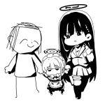  1boy 2girls apron arona&#039;s_sensei_doodle_(blue_archive) blue_archive chibi closed_eyes closed_mouth commentary_request greyscale hair_between_eyes halo holding_hands jacket jitome juliet_sleeves long_sleeves maid maid_apron maid_headdress monochrome multiple_girls nyaru_(nyaru_4126) parted_lips pleated_skirt puffy_sleeves rio_(blue_archive) sensei_(blue_archive) shirt simple_background skirt thighhighs toki_(blue_archive) white_background 