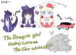  2girls arrow_(symbol) black_hair blonde_hair blue_eyes bow braid buttons car carol_(donuttypd) closed_eyes colored_skin colored_text donuttypd dots dragon dragon_girl dragon_tail dragon_wings earrings flaemmchen_(donuttypd) frown green_eyes hair_bow hat heart jewelry large_earrings long_hair looking_ahead looking_to_the_side mimic mole monster_girl motor_vehicle multiple_girls one_eye_closed original pale_skin pink_headwear purple_bow purple_headwear purple_skin server sitting sketch sleeping sleeping_on_person smile swirl tail tire twin_braids white_background wings yuri 