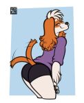  anthro bedroom_eyes bottomwear butt canid canine canis clothing domestic_dog floppy_ears freckles_(artist) fur hair half-closed_eyes hoodie hotpants male mammal multicolored_body multicolored_fur narrowed_eyes orange_body orange_fur pecas_(freckles) seductive shorts simple_background smile smirk smug smug_face solo tail tail_motion tailwag topwear two_tone_body two_tone_fur white_body white_fur white_hair 