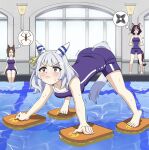  3girls :&lt; animal_ears blush breasts brown_eyes brown_hair commentary fine_motion_(umamusume) grey_hair highres hishi_miracle_(umamusume) horse_ears horse_girl hu-min_(okok6341) looking_at_viewer medium_breasts medium_hair multiple_girls open_mouth pool school_swimsuit shaking sparkle swimsuit thinking umamusume vodka_(umamusume) window 