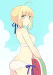  1girl 87banana ahoge artoria_pendragon_(fate) ass bare_shoulders bikini blonde_hair blue_sky braid breasts cloud cloudy_sky commentary_request fate/stay_night fate_(series) french_braid from_behind green_eyes looking_at_viewer medium_breasts ribbon saber sidelocks sky solo strapless strapless_bikini swimsuit watermelon_innertube 