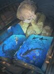  3girls bed_sheet blonde_hair book bookshelf brown_eyes climbing closed_mouth crate demizu_posuka fish highres long_hair lying multiple_girls on_stomach original shark shirt short_hair solo submerged tearing_up tentacles water yellow_shirt 