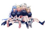  4girls =_= animal_ears biten black_shirt blonde_hair blue_footwear blue_hair boots crown fox_ears full_body grey_hair hat head_on_another&#039;s_shoulder headpiece heads_together highres hololive hololive_idol_uniform_(bright) lion_ears midriff_peek mini_crown mini_hat mini_top_hat miniskirt momosuzu_nene multiple_girls navel nepolabo official_alternate_costume omaru_polka purple_eyes shirt shishiro_botan simple_background skirt sweat t-shirt tilted_headwear top_hat very_sweaty white_background white_skirt wrist_cuffs yukihana_lamy 