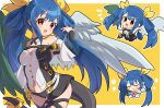  1girl angel_wings asymmetrical_wings blue_flower blue_hair bow breasts chibi dark_blue_hair detached_sleeves dizzy_(guilty_gear) feathered_wings flower green_wings guilty_gear guilty_gear_xrd guilty_gear_xx hair_bow hair_rings highres itsuka_neru large_breasts open_mouth pink_flower red_eyes red_flower ribbon tail tail_ornament tail_ribbon white_wings wings yellow_background yellow_ribbon 