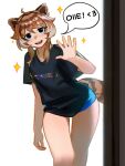  1girl absurdres ahoge animal_ears black_shirt blue_eyes blue_shorts blueisalanguage boyshort_panties brown_hair commentary english_commentary english_text flat_chest freckles grey_hair highres multicolored_hair original shirt short_hair_with_long_locks shorts solo sparkle speech_bubble t-shirt tail thigh_gap tiger_ears tiger_girl tiger_girl_(blueisalanguage) tiger_tail two-tone_hair waving white_background 