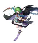  1girl black_cloak cloak dagger elbow_gloves fingerless_gloves fire_emblem fire_emblem:_the_blazing_blade fire_emblem_heroes frilled_skirt frills gloves green_hair highres knife midriff navel nino_(fang&#039;s_heart)_(fire_emblem) nino_(fire_emblem) non-web_source official_alternate_costume official_art purple_gloves purple_hair ringozaka_mariko skirt solo weapon 