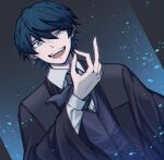  1boy akutoku_no_judgement_(vocaloid) anniversary ascot black_robe blazer blue_ascot blue_background blue_eyes blue_fire blue_hair blue_theme collared_shirt crazy_eyes crazy_smile dutch_text embers evil_eyes evil_smile evillious_nendaiki fire gallerian_marlon highres jacket judge kaito_(vocaloid) money_gesture open_clothes open_robe robe shirt smile solo teeth tsubaki_kaito vocaloid 