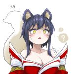  1girl ? ahri_(league_of_legends) animal_ears bare_shoulders breasts cleavage d: detached_sleeves facial_mark fox_ears fox_tail grey_background juliet_sleeves large_breasts league_of_legends lolboja long_sleeves medium_hair puffy_sleeves red_sleeves short_hair sidelocks solo speech_bubble tail whisker_markings white_background yellow_eyes 