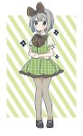  1girl adapted_costume black_bow black_bowtie blush_stickers bob_cut bow bowtie citrus_(place) commentary_request crossed_arms flat_chest full_body green_background green_eyes grey_hair hair_bow hairband highres knees_together_feet_apart konpaku_youmu looking_at_viewer outline pantyhose plaid plaid_skirt plaid_vest puffy_short_sleeves puffy_sleeves short_hair short_sleeves simple_background skirt skirt_set solo touhou unmoving_pattern vest white_background white_outline 