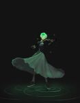  1girl amphibia black_background black_jacket blush closed_eyes green_hair green_skirt highres instrument jacket long_skirt marcy_wu ripples short_hair skirt solo standing violin wide_shot yum3yum1 