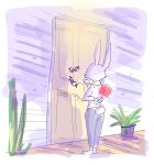  anthro bottomwear building clothing comic door flower hi_res house knocking_on_door lagomorph leporid male mammal outside pants plant rabbit renita_reed scut_tail shirt short_tail solo tail topwear white_body 