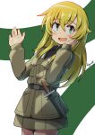  1girl absurdres artist_name blonde_hair blush carpaccio_(girls_und_panzer) girls_und_panzer green_eyes highres kuroneko_douji long_hair long_sleeves looking_at_viewer open_mouth smile solo 