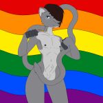  absurd_res animal_genitalia anthro balls bite_mark_on_neck bite_mark_on_shoulder caxy caxy_creations david_seltz fully_sheathed genitals hi_res hybrid lgbt_pride long_tail male nipples nude pride_color_background pride_colors scar sheath simple_background smile solo tail 