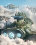  above_clouds absurdres aircraft airship annibale_siconolfi blue_eyes cloud day english_commentary flying highres moss mountain no_humans original outdoors overgrown scenery science_fiction sky tree 