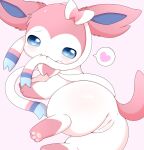  &lt;3 anus azuo bedroom_eyes bite blue_eyes blush butt eeveelution female feral fur generation_6_pokemon genitals hi_res looking_at_viewer looking_back looking_back_at_viewer lying mammal narrowed_eyes nintendo on_side paws pink_background pink_body pink_fur pokemon pokemon_(species) presenting presenting_pussy pussy seductive self_bite simple_background solo sylveon white_body white_fur 