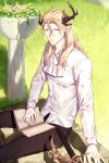  1boy absurdres arknights black_pants blonde_hair book grass hair_between_eyes half-closed_eyes highres horns long_hair long_sleeves looking_at_viewer male_focus manfred_(arknights) open_book pants parted_lips pointy_ears purple_eyes signature sitting solo sword weapon yoruyume 