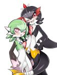  2girls :3 arms_at_sides bandaged_tail bandages black_sclera black_skin blue_gemstone bright_pupils colored_sclera colored_skin commentary commission cowboy_shot ddingyong english_commentary fangs flat_chest fusion garchomp gardevoir gem green_hair green_skin hair_between_eyes hands_on_own_hips happy head_tilt highres jewelry looking_at_viewer multicolored_skin multiple_girls navel necklace one_eye_closed open_mouth pink_skin pokemon pokemon_(creature) red_eyes sharp_teeth short_hair sidelocks simple_background smile spikes standing tail teeth white_background white_pupils white_skin 