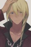  1boy absurdres ace_attorney arm_up black_shirt blonde_hair blue_eyes chain_necklace closed_mouth collared_shirt drill_hair earrings eyes_visible_through_hair hair_between_eyes hand_on_own_head highres hiyona jacket jewelry klavier_gavin lapels long_sleeves looking_at_viewer male_focus medium_hair necklace open_collar popped_collar portrait purple_jacket shirt simple_background single_earring smile solo white_background 