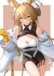  1girl absurdres animal_ears arknights bare_shoulders black_skirt blonde_hair breasts cleavage commentary cowboy_shot dorothy_(arknights) highres large_breasts long_hair looking_at_viewer miniskirt off_shoulder open_mouth skirt solo sora_mame_(princess_0sora) standing thighs white_headwear yellow_eyes 