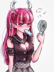  1girl azulasi barbatos_bachiko black_shirt blunt_bangs blush cleavage_cutout clothing_cutout detached_sleeves eating electric_fan food grey_skirt hand_fan heart_cutout highres long_hair mairimashita!_iruma-kun mouth_hold pink_eyes pink_hair pointy_ears popsicle shirt simple_background skirt solo sweat sweatdrop very_long_hair very_sweaty white_background 