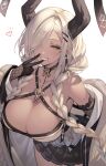  1girl azur_lane bare_shoulders black_gloves blonde_hair braid breasts brown_horns cleavage dark-skinned_female dark_skin earrings fishnets gloves heart horns jewelry large_breasts large_horns leaning_forward looking_at_viewer low_twin_braids miniskirt mole mole_under_mouth noir_eku one_eye_covered owari_(azur_lane) pleated_skirt skirt smile solo twin_braids v white_background yellow_eyes 