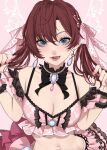  1girl bare_shoulders bikini blue_eyes breasts brown_hair cleavage collarbone earrings frilled_bikini frills hair_ribbon highres holding_own_hair ichinose_shiki idolmaster idolmaster_cinderella_girls idolmaster_cinderella_girls_starlight_stage jewelry looking_at_viewer maou_(demonlord) medium_breasts navel open_mouth pink_nails ribbon short_hair solo swimsuit tongue tongue_out twintails wavy_hair 