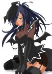  1girl bat_wings between_legs black_choker black_headwear black_panties black_thighhighs black_wings blue_hair breasts choker dark-skinned_female dark_blue_hair dark_skin elbow_gloves eyeliner garter_straps gloves hair_over_one_eye hand_between_legs hat jester_cap koshikawa_guu long_hair mabinogi makeup medium_breasts panties shamala_(mabinogi) solo succubus_(mabinogi) thighhighs underwear v_arms white_eyeliner wings yellow_eyes 