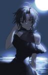  1girl adjusting_hair bare_shoulders black_choker black_dress black_hair choker collarbone cowboy_shot dress eyelashes grey_eyes highres idolmaster idolmaster_(classic) idolmaster_million_live! idolmaster_million_live!_theater_days kikuchi_makoto light_smile looking_at_viewer messy_hair moon night ocean official_alternate_costume parted_lips ribbon_choker short_hair sketch solo vickyycy99 