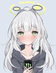  1girl @_@ black_hoodie blue_archive blush can closed_mouth collarbone green_eyes grey_background grey_hair halo hare_(blue_archive) highres holding holding_can hood hood_down hoodie long_hair long_sleeves looking_at_viewer monster_energy nono54558 ponytail simple_background solo upper_body 