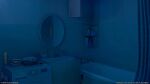  3d bath bathroom bathtub cabinet cup dark day door_handle evening hair_brush highres interior mirror night no_humans original scenery shampoo shampoo_bottle sink soap spray_can surafin tile_wall tiles 