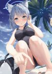  1girl absurdres animal_ear_fluff animal_ears ass bare_arms bare_legs bare_shoulders barefoot beach black_one-piece_swimsuit blue_archive blue_eyes blue_halo blush breasts competition_swimsuit cross_hair_ornament day extra_ears grey_hair hair_ornament halo highres looking_at_viewer matcha_(user_yyss8744) medium_breasts medium_hair ocean official_alternate_costume one-piece_swimsuit outdoors parted_lips shiroko_(blue_archive) shiroko_(swimsuit)_(blue_archive) sideboob solo squatting swimsuit wolf_ears 
