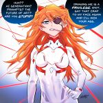  1girl ai-generated_art_(topic) blue_eyes bodysuit english_commentary english_text eyepatch food highres holding holding_food holding_pocky long_hair multicolored_bodysuit multicolored_clothes neon_genesis_evangelion orange_hair plugsuit pocky solo souryuu_asuka_langley speech_bubble strawberry_pocky sytokun 
