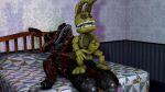  anal animatronic aroused bed bedroom black_eyes canid canine duo five_nights_at_freddy&#039;s five_nights_at_freddy&#039;s_4 fox furniture green_body hi_res humanoid knot_sitting lying machine male male/male mammal nightmare_foxy_(fnaf) on_back on_bottom on_lap on_top pirate plushtrap_(fnaf) red_body reverse_cowgirl_position robot scottgames sex sitting_on_lap yellow_eyes 
