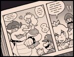  ! !! 1girl 2boys :d ayyk92 blush bowser crown dress facial_hair gloves greyscale hat heart looking_at_another manga_(object) mario mario_(series) monochrome multiple_boys mustache princess_peach puffy_short_sleeves puffy_sleeves short_sleeves smile 