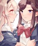  2girls black_hairband blonde_hair blue_eyes blush bow bowtie brown_hair closed_mouth clothes_grab collared_shirt eye_contact face-to-face grey_jacket hair_between_eyes hair_ornament hairband hand_on_another&#039;s_arm hand_up jacket jacket_grab long_hair looking_at_another multiple_girls off_shoulder open_clothes open_jacket parted_bangs profile red_bow red_bowtie red_eyes saijou_claudine school_uniform seishou_music_academy_uniform shirt shoujo_kageki_revue_starlight sidelocks simple_background sketch tendou_maya upper_body wato_(ko) white_background white_shirt x_hair_ornament yuri 