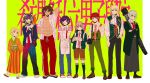  6+boys :3 :d abs ahoge apron black_choker black_hair black_pants black_socks black_vest blonde_hair blue_hair blue_jacket blue_pants brown_footwear brown_hair brown_shorts cat_hair_ornament choker collared_shirt corner_(corner29452966) crossed_arms danganronpa_(series) danganronpa_2:_goodbye_despair ear_piercing fake_horns flipped_hair full_body galaga genderswap genderswap_(ftm) glasses green_pants green_shirt grey_hair hair_horns hair_ornament hand_up handheld_game_console highres holding holding_handheld_game_console horns jacket japanese_clothes jewelry kimono kneehighs koizumi_mahiru kuzuryu_fuyuhiko long_hair long_sleeves medium_hair mioda_ibuki multicolored_hair multicolored_pants multiple_boys nanami_chiaki necktie open_clothes open_jacket open_shirt owari_akane pants pekoyama_peko piercing pink_pants pink_shirt plaid_necktie purple_hair red_eyes red_hair red_necktie red_pants ring saionji_hiyoko sandals semi-rimless_eyewear shirt shoes short_hair short_sleeves shorts smile socks sonia_nevermind spiked_choker spikes standing striped_hakama translation_request tsumiki_mikan vest white_apron white_background white_hair white_shirt wide_sleeves yellow_background 