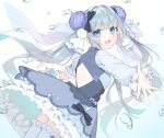  1girl :d black_bow blue_dress blue_eyes bow clothing_cutout dress flower frills gradient_background grey_hair hair_bow hair_flower hair_ornament highres hydrangea long_hair long_sleeves looking_at_viewer looking_back open_mouth original outstretched_arms puffy_sleeves purple_flower smile solo teeth thighhighs twintails very_long_hair water_drop white_background white_thighhighs yachishi_orca 