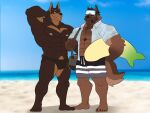  abs aloha_shirt anthro bag barefoot beach bert_(blackclownowo) blackclown00 body_hair brown_body brown_fur bruce_(tofuxal) canid canine canis chest_(disambiguation) chest_hair claws clothing dobermann domestic_dog duo ear_piercing ear_ring feet flotation_device fur german_shepherd herding_dog hi_res male male/male mammal muscular muscular_anthro muscular_male nipple_piercing nipples obliques pastoral_dog pattern_clothing pattern_shirt pattern_topwear pecs piercing pinscher ring_piercing sand sea seaside shirt snorkel speedo swimming_trunks swimwear toe_claws topwear underwear water 