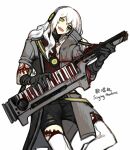  1boy audio_visualizer black_gloves black_shorts character_name coat colored_sclera gloves grey_coat headphones instrument keytar lobotomy_corporation long_hair nishikujic open_mouth personification project_moon shorts simple_background singing_machine smile solo tattoo thighhighs very_long_hair white_background white_eyes white_thighhighs yellow_sclera 