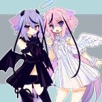  2girls angel angel_and_devil angel_wings bare_shoulders bat_wings black_gloves black_hair black_ribbon black_shirt black_shorts black_thighhighs blue_eyes blue_hair clenched_hand clothing_cutout commentary demon_girl demon_horns demon_tail dress elbow_gloves fang feet_out_of_frame flapper_shirt frilled_bracelet frilled_dress frills gloves gradient_hair hair_flaps halo hand_up highres hikimayu holding_own_arm horns index_finger_raised ishitsuki_(_0101_831) light_blush long_hair looking_at_viewer low_wings meika_hime meika_mikoto multicolored_hair multiple_girls navel neck_ribbon open_mouth outline pink_hair pink_nails purple_hair red_eyes ribbon shirt short_hair short_shorts shorts shoulder_cutout siblings sisters smile streaked_hair tail thighhighs very_long_hair vocaloid white_dress white_outline white_ribbon wings 