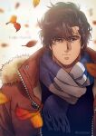  1boy absurdres autumn autumn_leaves black_eyes black_hair black_shirt brown_coat city_hunter coat english_text full-length_zipper fur-trimmed_coat fur_trim highres looking_at_viewer male_focus saeba_ryou scarf shirt short_hair simple_background solo upper_body white_background yuu_(masarunomori) zipper 