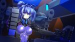  1girl blue_eyes blue_hair bodysuit bou breasts cockpit fortified_suit game_cg hayase_mitsuki highres large_breasts long_hair mecha muv-luv muv-luv_alternative official_art pilot_suit ponytail purple_bodysuit robot sitting solo 